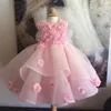 Rosa handgemachte Blumen-Ballkleid-Blumen-Mädchen-Kleider für Hochzeiten perlenbesetzte Kinder-Abschlussball-Kleider Mädchen-Erstkommunion-Kleid