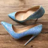 Бесплатная доставка мода женщины синий блеск strass точка toe обувь на высоких каблуках тонкий каблук Обувь насосы из натуральной кожи 10 см большой размер 33-43
