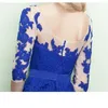 Elegant Blue Mother of the Bride Dresses Long Evening Dress Scoop Sheer with Floral Lace Half Sleeves Floor Length Prom Gowns