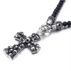 Fashion Punk Rock Black Glass Bead Skull Pendant Necklace For Men Women Stainless Steel Cross Necklaces & Pendants 50CM Long Jewellery