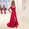 Beautiful Red Mermaid Evening dresses Formal Gowns High Side Slit Lace Chiffon V neck Off shoulders With Sleeves Celebrity Prom Dress Sexy