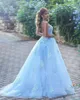 Long Ball Gown Prom Dresses Sky Blue Illusion Back Plus Size Lace Applique Jewel Neck Sleeveless Evening Dresses Party Prom Gowns DH4155