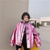 Flash Sale 2018 осень женские улица свободно металлический цвет серебристый розовый стенд шеи пальто панк партия мода куртка с ограниченным предметом