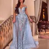 Dubai sjöjungfru sexig prom klänning med overkirt av axel ärmlös spets applikationer festklänningar mode avtagbar formell kvällsklänning