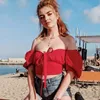 Kadın Bluzlar Gömlek Puf Kısa Kollu Kırpma Üst Kırmızı Pembe Bluz Kadın Kapalı Omuz Fırfır Seksi Tunik Yaz 2022 Bayanlar Rahat