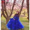 공주 로얄 블루 사랑스러운 작은 여자 미인트 드레스 푹신한 계층들 둥근 징징 오르간 레이스 Applique 긴 소매 꽃 소녀 드레스 결혼식 맞춤 제작