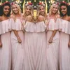 Nieuwste blos roze bohemien-stijl bruidsmeisje jurken sexy ruches off shoulder chiffon lange prom jurken goedkope mooie feestjurk voor bruiloften