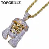 TOPGRILLZ Gold Color Plated Iecd Out HipHop Micro Pave CZ Stone Pharaoh Head Pendant Necklace With 60cm Rope Chain232Z