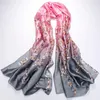 1pcs Pink Lily Flower Dark Grey Scarves Women's Fashion Satin Oil Painting Shawl Beach Silk Scarf 160X50cm