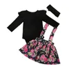 新生児の服子供服セット新しい秋の赤ちゃんの女の子長袖ロンスリーブ+花のショルダーストラップスカート+ヘッドバンド3pcsは衣装を設定します