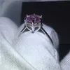 Vecalon Fine Jewelry Bague solitaire en argent sterling 925 5A Rose Zircon Cz Bague de fiançailles pour femme Cadeau de mariée