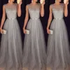 Yeni Stil Pullu Kadın Gri Dantel Uzun Elbise Yaz Kolsuz Parti Akşam Örgün Düğün Balo Maxi Elbise