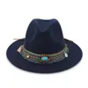 Etnisk stil band dekoration filt jazz hatt Fedora Panama Flat Brim Formella hattar Oktoberfest Fedoras Trilby Chapeau