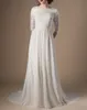 Ivory Champagne Modest Wedding Dresses With 3/4 Sleeves Beaded Lace A-line Chiffon Boho Informal Bridal Gown LDS Religious Wedding Gown