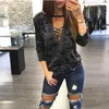 Kvinnor Sexig T-shirt Camouflage Tshi 2021 Fashion Summer Womens Toppar Lös bandage Deep V Neck T-shirt Kausal Långärmad Tee Tshirt