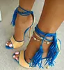 Patchwork Faux Suede High Heels Gladiator Sandały Sznurowanie Fringe Stiletto Obcasy Kobiet Buty Kostki Pasek Kobiety Pompy