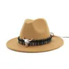 Unisex Wide Brim Cowboy Fedora Hat Bull Head Decoration Men Women Wool Felt Trilby Gambler Hats Jazz Panama Caps