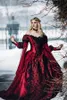 Slapende schoonheid prinses middeleeuwse rode en zwarte gotische trouwjurk lange mouwen kant applicaties Victoriaanse bruidsjurken op maat gemaakt