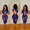 Lato Kobiety Koronki Hollow Out Bandaż Bodycon Sukienka Sexy Bez Rękawów Blue Party Club Midi Vestidos S-XL