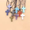 Fashion Opal Turquoise Natural Stone Druzy Cross Necklaces Jewelry with Leather Chain Necklace