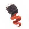 Fasci di capelli umani Ombre arancioni con chiusura in pizzo T1b 350 capelli vergini europei 3 pacchi e chiusura superiore trama doppia onda del corpo bicolore