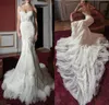 2019 Inbal Dror Mermaid Bröllopsklänningar Sweetheart Lace Tiered Tulle Lace Applique Mermaid Bridal Gowns Sweep Train Bohemian Wedding Dress