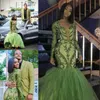 Африканские темно-зеленые платья русалки выпускного вечера рюшами юбки аппликации блестками с длинными рукавами с V-образным вырезом вечерние платья приемное платье