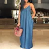 Seksowna plaża Denim Maxi długa sukienka damska V Neck bez ramiączek Backless Casual luźne jednolite ubrania Plus rozmiar długość podłogi Vestidos