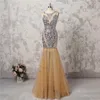 Bling Bling Shinning Zroszony Prom Dresses 2018 Szampan Syrenka Suknie Wieczorowe Długość Piętra Sexy Backless Formalna Dress Custom