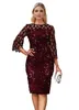 Kvinnor Casual O-Neck Print Långärmad Bodycon Party Long Dress Ladies Sexy Sequin Clubwear Dresses