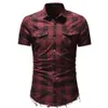 Homens Plaid Shirts de manga curta Slim Fit Turn Down Collar camisas com bolsos 3 cores do verão camisa rasgada Plus Size M-3XL