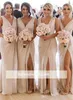 Cheap Champagne Bridesmaid Dresses Chiffon Deep V Neck Front Side Slit High Split Plus Size Maid of Honor Gown Wedding Guest Dress BC0219