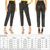 Womens Ladies Casual Skinny Wet Look PU Leather High Waist Stretch Pants Belted Pencil Trousers Black