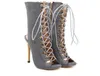 Hot Sale-Gray Black Ankel Bootie Peep Toe Skor Sexiga Ladies Lace Up High Heels Pumpar 12cm Storlek 34 till 40