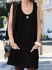 女性プラスサイズのドレスS  -  5xl 10色スクープネックノースリーブポケットボタン固体カジュアル夏のファッション服