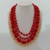Fashion-Women's 4 Strands Red Coral Golden Plated Chain Necklace 19 "