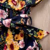 2020 Summer Baby Girls Floral Romper Fashion Söta barn Flower Printed Sling Jumpsuit Ruffles Children Bow Bodysuit C6239