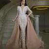 Aso Ebi Mermaid Evening Dresses With Detachable Train Lace Appliques Beading Sash African Prom Dress Sheer Neck Women Formal Party Gowns