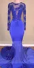 royal blue mermaid style prom dresses with sleeves sheer neck top lace tight formal evening graduation dress sexy backless black girls prom