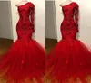 Elegant Red Prom Dresses One Shoulder Long Sleeves Mermaid Evening Gowns 2020 Lace Appliques Beads handmade Flowers Special Occasion Dress