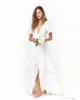 2019 New Slits Skirts Romantic Beach bohemian Wedding Dresses Cheap Short Sleeves Deep V Neck Layered Train Silk Satin Chiffon Bridal Gowns