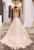 Gali Karten 2019 Champagne Abiti da sposa fuori spalla in pizzo Appliques maniche lunghe tulle abiti da sposa personalizzati sirena abiti da sposa sirena