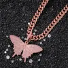 Ciondolo collana farfalla animale rosa ghiacciato con catena da tennis Gioielli hip-hop da donna con zirconi cubici rosa