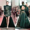 Elie Saab alta Neck High Low Backless manga comprida Trem da varredura A Linha Vestidos Lace Sequins Applique formais vestidos de cetim partido do vestido