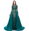 2020 Dark Green Actual Image Prom Dresses Long Sleeves Sequined Lace Mermaid Detachable Train Sequins Champagne Red Evening Party Gowns Wear