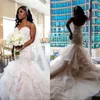 Preciosos vestidos de novia de sirena de talla grande 2019 Apliques de encaje con forma de corazón Volantes en cascada Vestidos de novia de tren de barrido vestido de novia