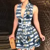 Основные повседневные платья Элегантные цепные буквы Рубашка платья летние женщины v-образные повязки кнопка винтаж с коротким рукавом мини-вечеринка Вестидос