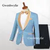 Gwenhwyfar Mint Green Slim Fit Wedding Groom Tuxedos for Singer Prom Man Suit Gold Lapel 2 Pieces Jacket Pants Men Stage Clothes