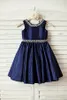 Navy Blue Taffeta Flower Girl Dress For Wedding Junior Bridesmaid Baptism Baby A-line Knee-length Dress With Silver Beading