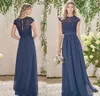Zarif Koyu Donanma Uzun Nedime Elbiseleri İki Parça Dantel Hizmetçi Onur Elbiseleri Düğün Konuk Gowns Özel Made Plus Boyut Hy342